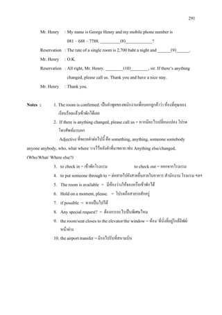 291
Mr. Henry : My name is George Henry and my mobile phone number is
081 – 688 – 7788. _________(8)____________?
Reservation : The rate of a single room is 2,700 baht a night and ______(9)______.
Mr. Henry : O.K.
Reservation : All right, Mr. Henry. ________(10)________, sir. If there’s anything
changed, please call us. Thank you and have a nice stay.
Mr. Henry : Thank you.
Notes : 1. The room is confirmed.เปนคําพูดของพนักงานเพื่อบอกลูกคาวา หองที่คุณจอง
เรียบรอยแลวเขาพักไดเลย
2. If there is anything changed, please call us =หากมีอะไรเปลี่ยนแปลง โปรด
โทรศัพทมาบอก
Adjective ที่ขยายคําตอไปนี้ คือ something, anything, someone somebody
anyone anybody, who, what whereวางไวหลังคําที่มาขยาย เชน Anything else/changed,
(Who/What/ Where else?)
3. to check in =เขาพักโรงแรม to check out =ออกจากโรงแรม
4. to put someone through to =ตอสายไปยังสายอื่นภายในอาคาร สํานักงาน โรงแรม ฯลฯ
5. The room is available = มีหองวางใหจองหรือเขาพักได
6. Hold on a moment, please. = โปรดถือสายรอสักครู
7. if possible = หากเปนไปได
8. Any special request? = ตองการอะไรเปนพิเศษไหม
9. the room/seat closes to the elevator/the window =หอง/ ที่นั่งที่อยูใกลลิฟต/
หนาตาง
10. the airport transfer =มีรถไปรับที่สนามบิน
 