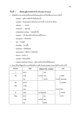 297
เรื่องที่ 1 ลักษณะภูมิอากาศประจําวัน (Weather Feature)
1. คําศัพทสํานวนภาษาอังกฤษที่บงบอกถึงลักษณะภูมิอากาศ ซึ่งนักศึกษาควรทราบ มีดังนี้
- climate = ภูมิอากาศทองถิ่นใดทองถิ่นหนึ่ง
- weather=ลักษณะภูมิอากาศในชวงระยะเวลาสั้น ๆ (ประจําวัน, เดือน)
- isthmus = คอคอด
- monsoon = ฤดูมรสุม
- temperature average =อุณหภูมิเฉลี่ย
- tropical = เกี่ยวกับเขตรอนหรือประเทศที่รอนมาก
- downpour =ฝนตกหนัก
- last =คงอยูตอ
- humidity = ความชื้น
- dominate = มีอิทธิพลตอ
- intermittent = เปนชวง ๆ ไมตอเนื่อง
- breeze = ลมออน ๆ
- rainfall = ปริมาณน้ําฝน
- tropical rainforest climate =ภูมิอากาศปาเขตรอนซึ่งมีฝนตกมาก
2. Tense ที่นิยมใชพูดหรือบรรยายถึงดินฟาอากาศคือ Present Simple Tenseซึ่งมีโครงสราง ดังนี้
ประธาน กริยา Object/Adv. of place เวลา
I drive
walk
run
sun
in the rain
storm
night.
every morning.
evening.
every day.
month.
year.
We
He
She
drives
walks
runs
It rains in Thailand
They drive
walk
run
sun
in the rain
storm
 