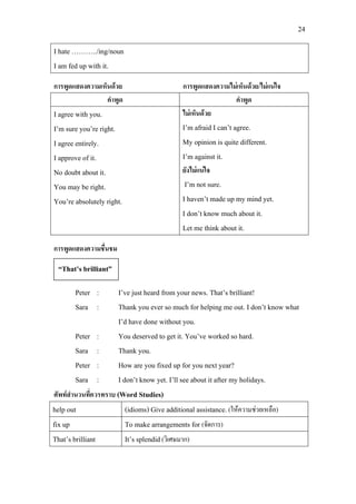 24
I hate ………../ing/noun
I am fed up with it.
การพูดแสดงความเห็นดวย การพูดแสดงความไมเห็นดวย/ไมแนใจ
คําพูด คําพูด
I agree with you.
I’m sure you’re right.
I agree entirely.
I approve of it.
No doubt about it.
You may be right.
You’re absolutely right.
ไมเห็นดวย
I’m afraid I can’t agree.
My opinion is quite different.
I’m against it.
ยังไมแนใจ
I’m not sure.
I haven’t made up my mind yet.
I don’t know much about it.
Let me think about it.
การพูดแสดงความชื่นชม
Peter : I’ve just heard from your news. That’s brilliant!
Sara : Thank you ever so much for helping me out. I don’t know what
I’d have done without you.
Peter : You deserved to get it. You’ve worked so hard.
Sara : Thank you.
Peter : How are you fixed up for you next year?
Sara : I don’t know yet. I’ll see about it after my holidays.
ศัพทสํานวนที่ควรทราบ (Word Studies)
help out (idioms) Give additional assistance. (ใหความชวยเหลือ)
fix up To make arrangements for (จัดการ)
That’s brilliant It’s splendid(วิเศษมาก)
“That’s brilliant”
 
