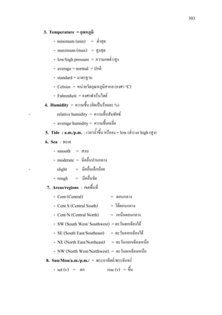 303
3. Temperature =อุณหภูมิ
- minimum (min) = ต่ําสุด
- maximum (max) = สูงสุด
- low/high pressure = ความกดต่ํา/สูง
- average = normal = ปกติ
- standard = มาตรฐาน
- Celsius = หนวยวัดอุณหภูมิสากล (องศา °C)
- Fahrenheit = องศาฟาเร็นไฮต
4. Humidity = ความชื้น (คิดเปนรอยละ %)
- relative humidity = ความชื้นสัมพัทธ
- average humidity = ความชื้นเฉลี่ย
5. Tide : a.m./p.m. :เวลาน้ําขึ้น หรือลง =low (ต่ํา) or high (สูง)
6. Sea : ทะเล
- smooth = สงบ
- moderate = มีคลื่นปานกลาง
- slight = มีคลื่นเล็กนอย
- rough = มีคลื่นจัด
7. Areas/regions : เขตพื้นที่
- Cent (Central) = ตอนกลาง
- Cent S (Central South) = ใตตอนกลาง
- Cent N (Central North) = เหนือตอนกลาง
- SW (South West/ Southwest) =ตะวันตกเฉียงใต
- SE (South East/Southeast) = ตะวันออกเฉียงใต
- NE (North East/Northeast) = ตะวันออกเฉียงเหนือ
- NW (North West/Northwest) = ตะวันตกเฉียงเหนือ
8. Sun/Mon/a.m./p.m./ = พระอาทิตย/พระจันทร
- set (v) = ตก rise (v) = ขึ้น
 