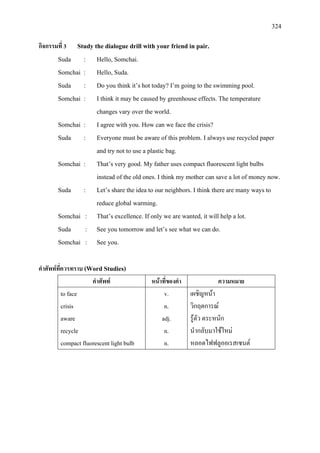 324
กิจกรรมที่ 3 Study the dialogue drill with your friend in pair.
Suda : Hello, Somchai.
Somchai : Hello, Suda.
Suda : Do you think it’s hot today? I’m going to the swimming pool.
Somchai : I think it may be caused by greenhouse effects. The temperature
changes vary over the world.
Somchai : I agree with you. How can we face the crisis?
Suda : Everyone must be aware of this problem. I always use recycled paper
and try not to use a plastic bag.
Somchai : That’s very good. My father uses compact fluorescent light bulbs
instead of the old ones. I think my mother can save a lot of money now.
Suda : Let’s share the idea to our neighbors. I think there are many ways to
reduce global warming.
Somchai : That’s excellence. If only we are wanted, it will help a lot.
Suda : See you tomorrow and let’s see what we can do.
Somchai : See you.
คําศัพทที่ควรทราบ (Word Studies)
คําศัพท หนาที่ของคํา ความหมาย
to face
crisis
aware
recycle
compact fluorescent light bulb
v.
n.
adj.
n.
n.
เผชิญหนา
วิกฤตการณ
รูตัว ตระหนัก
นํากลับมาใชใหม
หลอดไฟฟลูออเรสเซนต
 