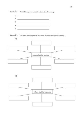 325
กิจกรรมที่ 4 Write 5 things you can do to reduce global warming.
1. _______________________________________
2. _______________________________________
3. _______________________________________
4. _______________________________________
5. _______________________________________
กิจกรรมที่ 5 Fill in the mind maps with the causes and effects of global warming.
5.1
5.2
causes of global warning
effects of global warming
 