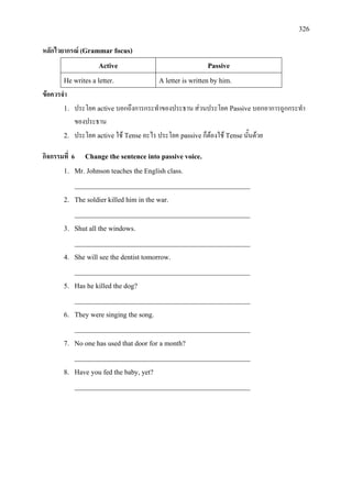 326
หลักไวยากรณ (Grammar focus)
Active Passive
He writes a letter. A letter is written by him.
ขอควรจํา
1. ประโยค active บอกถึงการกระทําของประธาน สวนประโยค Passive บอกอาการถูกกระทํา
ของประธาน
2. ประโยค active ใช Tenseอะไร ประโยค passiveก็ตองใช Tenseนั้นดวย
กิจกรรมที่ 6 Change the sentence into passive voice.
1. Mr. Johnson teaches the English class.
__________________________________________________
2. The soldier killed him in the war.
__________________________________________________
3. Shut all the windows.
__________________________________________________
4. She will see the dentist tomorrow.
__________________________________________________
5. Has he killed the dog?
__________________________________________________
6. They were singing the song.
__________________________________________________
7. No one has used that door for a month?
__________________________________________________
8. Have you fed the baby, yet?
__________________________________________________
 