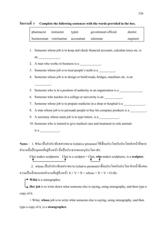 336
กิจกรรมที่ 3 Complete the following sentences with the words provided in the box.
1. Someone whose job is to keep and check financial accounts, calculate taxes etc. is
an _____________.
2. A man who works in business is a _____________.
3. Someone whose job is to treat people’s teeth is a __________.
4. Someone whose job is to design or build roads, bridges, machines etc. is an
__________.
5. Someone who is in a position of authority in an organization is a ______________.
6. Someone who teaches in a college or university is an ___________.
7. Someone whose job is to prepare medicine in a shop or hospital is a _____________.
8. A man whose job is to persuade people to buy his company products is a __________.
9. A secretary whose main job is to type letters. is a ____________.
10. Someone who is trained to give medical care and treatment to sick animals
is a ____________.
Notes : 1. Whoเปนคําประพันธสรรพนาม (relative pronoun)ใชเชื่อมประโยคกับประโยคทําหนาที่ขยาย
คํานามซึ่งเปนบุคคลที่อยูขางหนา ซึ่งเปนประธานของอนุประโยค เชน
Chai makes sculptures. Chai is a sculptor = Chai, who makes sculptures, is a sculptor.
2. whoseเปนคําประพันธสรรพนาม (relative pronoun)เชื่อมประโยคกับประโยค ทําหนาที่แสดง
ความเปนเจาของแทนคํานามที่อยูขางหนา S + V + N + whose + N + V + Oเชน
Wilai is a stenographer.
Her job is to write down what someone else is saying, using stenography, and then type a
copy of it.
= Wilai, whose job is to write what someone else is saying, using stenography, and then
type a copy of it, is a stenographer.
pharmacist instructor typist government official dentist
businessman veterinarian accountant salesman engineer
 