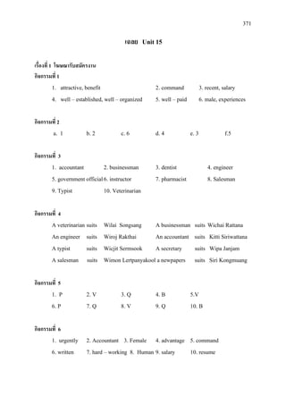 371
เฉลย Unit 15
เรื่องที่ 1 โฆษณารับสมัครงาน
กิจกรรมที่ 1
1. attractive, benefit 2. command 3. recent, salary
4. well – established, well – organized 5. well – paid 6. male, experiences
กิจกรรมที่ 2
a. 1 b. 2 c. 6 d. 4 e. 3 f.5
กิจกรรมที่ 3
1. accountant 2. businessman 3. dentist 4. engineer
5. government official6. instructor 7. pharmacist 8. Salesman
9. Typist 10. Veterinarian
กิจกรรมที่ 4
A veterinarian suits Wilai Songsang A businessman suits Wichai Rattana
An engineer suits Wiroj Rakthai An accountant suits Kitti Siriwattana
A typist suits Wicjit Sermsook A secretary suits Wipa Janjam
A salesman suits Wimon Lertpanyakool a newpapers suits Siri Kongmuang
กิจกรรมที่ 5
1. P 2. V 3. Q 4. B 5.V
6. P 7. Q 8. V 9. Q 10. B
กิจกรรมที่ 6
1. urgently 2. Accountant 3. Female 4. advantage 5. command
6. written 7. hard – working 8. Human 9. salary 10. resume
 
