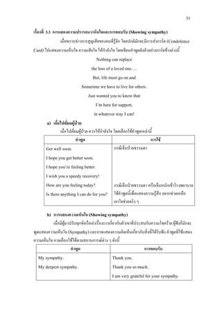 31
เรื่องที่ 3.3 การแสดงความปรารถนา/เห็นใจและการตอบรับ (Showing sympathy)
เมื่อทราบขาวการสูญเสียของคนที่รูจัก โดยปกติมักจะมีการสงการด (Condolence
Card)ไปแสดงความเห็นใจ ความเสียใจ ใหกําลังใจ โดยเขียนคําพูดดังตัวอยางการดขางลางนี้
Nothing can replace
the loss of a loved one….
But, life must go on and
Sometime we have to live for others.
Just wanted you to know that
I’m here for support,
in whatever way I can!
a) เมื่อไปเยี่ยมผูปวย
เมื่อไปเยี่ยมผูปวย ควรใหกําลังใจ โดยเลือกใชคําพูดเหลานี้
คําพูด การใช
Get well soon.
I hope you get better soon.
I hope you’re feeling better.
I wish you a speedy recovery!
How are you feeling today?
Is there anything I can do for you?
กรณีเจ็บปวยธรรมดา
กรณีเจ็บปวยธรรมดา หรือเจ็บหนักเขาโรงพยาบาล
ใชคําพูดนี้เพื่อแสดงความรูสึก อยากชวยเหลือ
เอาใจชวยจริง ๆ
b) การแสดงความเห็นใจ (Showing sympathy)
เมื่อมีผูมาปรับทุกขหรือเลาเรื่องราวเกี่ยวกับตัวเขาที่ประสบกับความโชคราย ผูฟงก็มักจะ
พูดแสดงความเห็นใจ (Sympathy)และอาจแสดงความคิดเห็นเกี่ยวกับสิ่งที่ไดรับฟง คําพูดที่ใชแสดง
ความเห็นใจ อาจเลือกใชไดตามสถานการณตาง ๆ ดังนี้
คําพูด การตอบรับ
My sympathy.
My deepest sympathy.
Thank you.
Thank you so much.
I am very grateful for your sympathy.
 