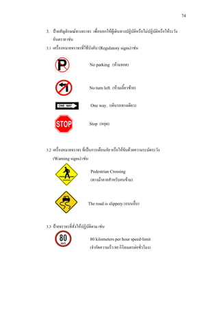 74
3. ปายสัญลักษณทางจราจร เพื่อบอกใหผูเดินทางปฏิบัติหรือไมปฏิบัติหรือใหระวัง
อันตราย เชน
3.1 เครื่องหมายจราจรที่ใชบังคับ (Regulatory signs) เชน
No parking (หามจอด)
No turn left. (หามเลี้ยวซาย)
One way. (เดินรถทางเดียว)
Stop (หยุด)
3.2 เครื่องหมายจราจร ที่เปนการเตือนภัย หรือใหขับดวยความระมัดระวัง
(Warning signs) เชน
Pedestrian Crossing
(ทางมาลายสําหรับคนขาม)
The road is slippery(ถนนลื่น)
3.3 ปายจราจรที่สั่งใหปฏิบัติตาม เชน
80 kilometers per hour speed-limit
(จํากัดความเร็ว 80 กิโลเมตรตอชั่วโมง)
 