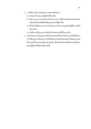 55
2. การใชผังการไหล กํากับดูแลการขยายอาชีพ ดวยการ
2.1 นําผังการไหลของงานติดผนังใหมองเห็น
2.2 ติดตามระยะเวลาตามผังการไหลของงานวา วันที่กําหนดกิจกรรมดําเนินการ
เสร็จหรือไม ถาเสร็จก็ทําเครื่องหมายบอกใหรูวาเสร็จ
2.3 ถาไมเสร็จผูประกอบการจะตองคิดตาม คนหาสาเหตุแลวปฏิบัติการแกไข
ขอบกพรอง
2.4 ดําเนินการปรับระยะเวลาในผังการไหลของงานใหเปนความจริง
3. ประเมินผลการกํากับ ดูแลวา มีสวนประสบผลสําเร็จอะไรบาง และสําเร็จไดเพราะ
อะไรเปนเหตุ จากนั้นดูวา สวนใดที่ไมประสบผลสําเร็จและมีอะไรเปนเหตุ นําผล
ทั้งความสําเร็จและความเสียหายมาสรุปผล เพื่อนําผลกลับมาแกไขแผนกลยุทธและ
แผนปฏิบัติการใหมีประสิทธิภาพได
 