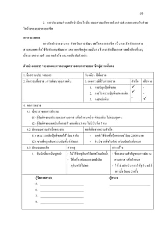 59
2. การประมาณคาผลเสียวา มีอะไรบาง และความเสียหายดังกลาวสงผลกระทบกับสวน
ใดบางของการขยายอาชีพ
การรายงานผล
การจัดทํารายงานผล สําหรับการพัฒนาหรือขยายอาชีพ เปนการจัดทําเอกสาร
สารสนเทศ เพื่อใชจัดทําแผนพัฒนาการขยายอาชีพสูความมั่นคง จึงควรทําเปนเอกสารหนาเดียวที่ระบุ
เรื่องราวของการทํางาน ผลสําเร็จ และผลเสีย ดังตัวอยาง
ตัวอยางเอกสาร รายงานผล การควบคุมตรวจสอบการขยายอาชีพสูความมั่นคง
1. ชื่อสถานประกอบการ วัน เดือน ปที่ตรวจ
2. กิจกรรมที่ตรวจ : การพัฒนาคุณภาพดิน 3. เหตุการณที่รับการตรวจ สําเร็จ เสียหาย
1. การปลูกปุยพืชสด
2. การไถพรวนปุยพืชสด ลงดิน
3. การหมักดิน


-
-
-

4. ผลการตรวจ
4.1 เรื่องราวของการทํางาน
(1) ผูรับผิดชอบทํางานตรงตามเอกสารขอกําหนดเรื่องพัฒนาดิน ไมครบทุกคน
(2) ผูรับผิดชอบจดบันทึกการทํางานเพียง 3 คน ไมมีบันทึก 7 คน
4.2 ลักษณะความสําเร็จของงาน ผลที่เกิดจากความสําเร็จ
(1) สามารถผลิตปุยพืชสดไดไรละ 8 ตัน
(2) ซากพืชถูกสับพรวนเติมพื้นที่พัฒนา
- ลดคาใชจายซื้อปุยคอกลงไรละ 2,000 บาท
- ดินมีซากพืชในอัตราสวนปนกันทั้งหมด
4.3 ลักษณะผลเสีย สาเหตุ การแกไข
1. ดินมีกลิ่นเหม็นบูดเนา - ไมไดจายจุลินทรียมาพรอมกับน้ํา
- ใชเครื่องพนละอองหนาดิน
จุลินทรียไมพอ
- ชี้แจงความสําคัญของการทํางาน
ตามเอกสารขอกําหนด
- ใหเรงดําเนินการใหจุลินทรีย
ทางน้ํา วันละ 2 ครั้ง
ผูรับการตรวจ ผูตรวจ
5. ______________________________ ____________________________
6. ______________________________
7. ______________________________
8. ______________________________
 