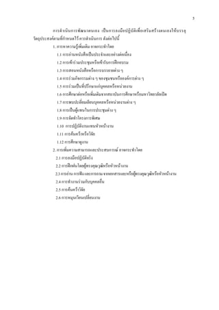 5
การดําเนินการพัฒนาตนเอง เปนการลงมือปฏิบัติเพื่อเสริมสรางตนเองใหบรรลุ
วัตถุประสงคตามที่กําหนดไว ควรดําเนินการ ดังตอไปนี้
1. การหาความรูเพิ่มเติม อาจกระทําโดย
1.1 การอานหนังสือเปนประจําและอยางตอเนื่อง
1.2 การเขารวมประชุมหรือเขารับการฝกอบรม
1.3 การสอนหนังสือหรือการบรรยายตาง ๆ
1.4 การรวมกิจกรรมตาง ๆ ของชุมชนหรือองคการตาง ๆ
1.5 การรวมเปนที่ปรึกษาแกบุคคลหรือหนวยงาน
1.6 การศึกษาตอหรือเพิ่มเติมจากสถาบันการศึกษาหรือมหาวิทยาลัยเปด
1.7 การพบปะเยี่ยมเยียนบุคคลหรือหนวยงานตาง ๆ
1.8 การเปนผูแทนในการประชุมตาง ๆ
1.9 การจัดทําโครงการพิเศษ
1.10 การปฏิบัติงานแทนหัวหนางาน
1.11 การคนควาหรือวิจัย
1.12 การศึกษาดูงาน
2. การเพิ่มความสามารถและประสบการณ อาจกระทําโดย
2.1 การลงมือปฏิบัติจริง
2.2 การฝกฝนโดยผูทรงคุณวุฒิหรือหัวหนางาน
2.3การอานการฟงและการถามจากเอกสารและหรือผูทรงคุณวุฒิหรือหัวหนางาน
2.4 การทํางานรวมกับบุคคลอื่น
2.5 การคนควาวิจัย
2.6 การหมุนเวียนเปลี่ยนงาน
 