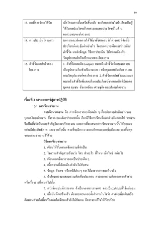 59
13. ผลที่คาดวาจะไดรับ เมื่อโครงการนั้นเสร็จสิ้นแลว จะเกิดผลอยางไรบางใครเปนผู
ไดรับผลประโยชนโดยตรงและผลประโยชนในดาน
ผลกระทบของโครงการ
14. การประเมินโครงการ บอกรายละเอียดการใหไดมาซึ่งคําตอบวาโครงการที่จัดนี้มี
ประโยชนและคุมคาอยางไร โดยบอกประเด็นการประเมิน/
ตัวชี้วัด แหลงขอมูล วิธีการประเมิน ใหสอดคลองกับ
วัตถุประสงคหรือเปาหมายของโครงการ
15. ตัวชี้วัดผลสําเร็จของ
โครงการ
1. ตัวชี้วัดผลผลิต (output) หมายถึง ตัวชี้วัดที่แสดงผลงาน
เปนรูปธรรมในเชิงปริมาณและ / หรือคุณภาพอันเกิดจากงาน
ตามวัตถุประสงคของโครงการ 2. ตัวชี้วัดผลลัพธ (out come)
หมายถึง ตัวชี้วัดที่แสดงถึงผลประโยชนจากผลผลิตที่มีผลตอ
บุคคล ชุมชน สิ่งแวดลอม เศรษฐกิจ และสังคมโดยรวม
เรื่องที่ 3 การเผยแพรสูการปฏิบัติ
3.1 การเขียนรายงาน
การเขียนรายงาน คือ การเขียนรายละเอียดตาง ๆ เกี่ยวกับการดําเนินงานของ
บุคคลในหนวยงาน ซึ่งรายงานแตละประเภทนั้น ก็จะมีวิธีการเขียนที่แตกตางกันออกไป รายงาน
จึงเปนสิ่งจําเปนและสําคัญในการบริหารงาน และการที่จะเสนอการเขียนรายงานนั้นใหออกมา
อยางมีประสิทธิภาพ และรวดเร็วนั้น ควรที่จะมีการวางแผนกําหนดเวลาเริ่มตนและเวลาสิ้นสุด
ของแตละรายงานไวดวย
วิธีการเขียนรายงาน
1. เขียนใหสั้นเอาแตขอความที่จําเปน
2. ใจความสําคัญครบถวนวา ใคร ทําอะไร ที่ไหน เมื่อไหร อยางไร
3. เขียนแยกเรื่องราวออกเปนประเด็น ๆ
4. เนื้อความที่เขียนตองลําดับไมสับสน
5. ขอมูล ตัวเลข หรือสถิติตาง ๆ ควรไดมาจากการพบเห็นจริง
6. ถาตองการจะแสดงความคิดเห็นประกอบ ควรแยกความคิดออกจากตัวขาว
หรือเรื่องราวที่เสนอไปนั้น
7. การเขียนบันทึกรายงาน ถาเปนของทางราชการ ควรเปนรูปแบบที่ใชแนนอน
8. เมื่อบันทึกเสร็จแลว ตองทบทวนและตั้งคําถามในใจวา ควรจะเพิ่มเติมหรือ
ตัดทอนสวนใดทิ้งหรือตอนใดเขียนแลวยังไมชัดเจน ก็ควรจะแกไขใหเรียบรอย
 