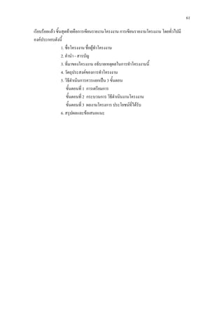 61
เรียบรอยแลว ชิ้นสุดทายคือการเขียนรายงานโครงงาน การเขียนรายงานโครงงาน โดยทั่วไปมี
องคประกอบดังนี้
1. ชื่อโครงงาน ชื่อผูทําโครงงาน
2. คํานํา - สารบัญ
3. ที่มาของโครงงาน อธิบายเหตุผลในการทําโครงงานนี้
4. วัตถุประสงคของการทําโครงงาน
5. วิธีดําเนินการควรแยกเปน 3 ขั้นตอน
ขั้นตอนที่ 1 การเตรียมการ
ขั้นตอนที่ 2 กระบวนการ วิธีดําเนินงานโครงงาน
ขั้นตอนที่ 3 ผลงานโครงการ ประโยชนที่ไดรับ
6. สรุปผลและขอเสนอแนะ
 