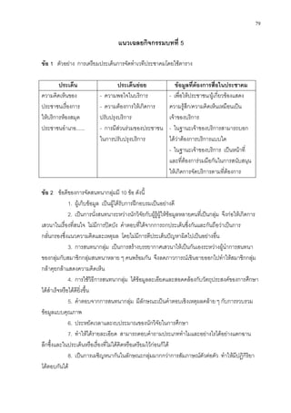 79
แนวเฉลยกิจกรรมบทที่ 5
ขอ 1 ตัวอยาง การเตรียมประเด็นการจัดทําเวทีประชาคมโดยใชตาราง
ประเด็น ประเด็นยอย ขอมูลที่ตองการสื่อในประชาคม
ความคิดเห็นของ
ประชาชนเรื่องการ
ใหบริการหองสมุด
ประชาชนอําเภอ......
- ความพอใจในบริการ
- ความตองการใหเกิดการ
ปรับปรุงบริการ
- การมีสวนรวมของประชาชน
ในการปรับปรุงบริการ
- เพื่อใหประชาชน/ผูเกี่ยวของแสดง
ความรูสึก/ความคิดเห็นเหมือนเปน
เจาของบริการ
- ในฐานะเจาของบริการสามารถบอก
ไดวาตองการบริการแบบใด
- ในฐานะเจาของบริการ เปนหนาที่
และที่ตองการวมมือกันในการสนับสนุน
ใหเกิดการจัดบริการตามที่ตองการ
ขอ 2 ขอดีของการจัดสนทนากลุมมี 10 ขอ ดังนี้
1. ผูเก็บขอมูล เปนผูไดรับการฝกอบรมเปนอยางดี
2. เปนการนั่งสนทนาระหวางนักวิจัยกับผูรูผูใหขอมูลหลายคนที่เปนกลุม จึงกอใหเกิดการ
เสวนาในเรื่องที่สนใจ ไมมีการปดบัง คําตอบที่ไดจากการถกประเด็นซึ่งกันและกันถือวาเปนการ
กลั่นกรองซึ่งแนวความคิดและเหตุผล โดยไมมีการตีประเด็นปญหาผิดไปเปนอยางอื่น
3. การสนทนากลุม เปนการสรางบรรยากาศเสวนาใหเปนกันเองระหวางผูนําการสนทนา
ของกลุมกับสมาชิกกลุมสนทนาหลาย ๆ คนพรอมกัน จึงลดภาวการณเขินอายออกไปทําใหสมาชิกกลุม
กลาคุยกลาแสดงความคิดเห็น
4. การใชวิธีการสนทนากลุม ไดขอมูลละเอียดและสอดคลองกับวัตถุประสงคของการศึกษา
ไดสําเร็จหรือไดดียิ่งขึ้น
5. คําตอบจากการสนทนากลุม มีลักษณะเปนคําตอบเชิงเหตุผลคลาย ๆ กับการรวบรวม
ขอมูลแบบคุณภาพ
6. ประหยัดเวลาและงบประมาณของนักวิจัยในการศึกษา
7. ทําใหไดรายละเอียด สามารถตอบคําถามประเภททําไมและอยางไรไดอยางแตกฉาน
ลึกซึ้งและในประเด็นหรือเรื่องที่ไมไดคิดหรือเตรียมไวกอนก็ได
8. เปนการเผชิญหนากันในลักษณะกลุมมากกวาการสัมภาษณตัวตอตัว ทําใหมีปฏิกิริยา
โตตอบกันได
 