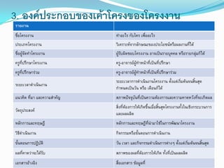 3. องค์ประกอบของเค้าโครงของโครงงาน
รายงาน
ชื่อโครงงาน ทาอะไร กับใคร เพื่ออะไร
ประเภทโครงงาน วิเคราะห์จากลักษณะของประโยชน์หรือผลงานที่ได้
ชื่อผู้จัดทาโครงงาน ผู้รับผิดชอบโครงงาน อาจเป็นรายบุคคล หรือรายกลุ่มก็ได้
ครูที่ปรึกษาโครงงาน ครู-อาจารย์ผู้ทาหน้าที่เป็นที่ปรึกษา
ครูที่ปรึกษาร่วม ครู-อาจารย์ผู้ทาหน้าที่เป็นที่ปรึกษาร่วม
ระยะเวลาดาเนินงาน
ระยะเวลาการดาเนินงานโครงงาน ตั้งแต่เริ่มต้นจนสิ้นสุด
กาหนดเป็นวัน หรือ เดือนก็ได้
แนวคิด ที่มา และความสาคัญ สภาพปัจจุบันที่เป็นความต้องการและความคาดหวังที่จะเกิดผล
วัตถุประสงค์
สิ่งที่ต้องการให้เกิดขึ้นเมื่อสิ้นสุดโครงงานทั้งในเชิงกระบวนการ
และผลผลิต
หลักการและทฤษฎี หลักการและทฤษฎีที่นามาใช้ในการพัฒนาโครงงาน
วิธีดาเนินงาน กิจกรรมหรือขั้นตอนการดาเนินงาน
ขั้นตอนการปฏิบัติ วัน เวลา และกิจกรรมดาเนินการต่างๆ ตั้งแต่เริ่มต้นจนสิ้นสุด
ผลที่คาดว่าจะได้รับ สภาพของผลที่ต้องการให้เกิด ทั้งที่เป็นผลผลิต
เอกสารอ้างอิง สื่อเอกสาร ข้อมูลที่
 