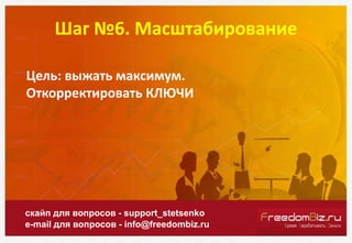 Шаг №6. Масштабирование
скайп для вопросов - support_stetsenko
e-mail для вопросов - info@freedombiz.ru
Цель: выжать максимум.
Откорректировать КЛЮЧИ
 