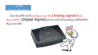 โมเด็ม
(modem)
เป็นฮาร์ดแวร์ที่ทาหน้าที่แปลงสัญญาณอนาล็อก(Analog signal)ให้เป็น
สัญญาณดิจิทัล (Digital Signal)และในทางกลับกันก็แปลงสัญญาณดิจิทัลให้เป็น
สัญญาณอนาล็อก
 