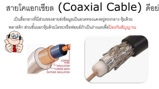 สายโคแอกเชียล (Coaxial Cable) ดีอยา
เป็นสื่อกลางที่มีส่วนของสายส่งข้อมูลเป็นลวดทองแดงอยู่ตรงกลาง หุ้มด้วย
พลาสติก ส่วนชั้นนอกหุ้มด้วยโลหะหรือฟอยล์ถักเป็นร่างแหเพื่อป้ องกันสัญญาณ
รบกวน
 