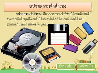 หน่วยความจาสารอง คือ หน่วเยควเามจาที่ช่วเยให้คอมพิวเตออร
สามารถตก็บข้อมูลได้มากขึ้นได้แก่ ฮารดดิสก ดิสตกอด แผ่นซีดี และ
อุปกรณตก็บข้อมูลชนิดพอรอ ยูตอสบี
หน่วเยควเามจาสารอง
หน้าหลักย้อนกลับ
 