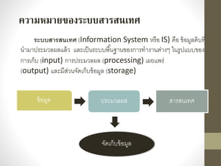 ความหมายของระบบสารสนเทศ
ระบบสารสนเทศ (Information System หรือ IS) คือ ข้อมูลดิบที่
นำมำประมวลผลแล้ว และเป็นระบบพื้นฐำนของกำรทำงำนต่ำงๆ ในรูปแบบของ
กำรเก็บ (input) กำรประมวลผล (processing) เผยแพร่
(output) และมีส่วนจัดเก็บข้อมูล (storage)
ข้อมูล ประมวลผล สำรสนเทศ
จัดเก็บข้อมูล
 