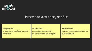И все это для того, чтобы:
Сократить
упущенную прибыль и отток
клиентов
Обеспечить
привлечение новых клиентов
для мастеров
Увеличить
лояльность клиентов
по отношению к мастерам
 