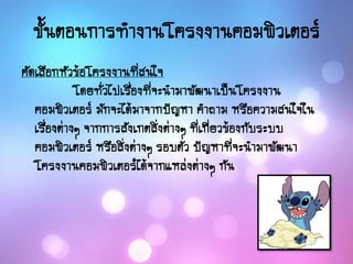 ขั้นตอนการทางานโครงงานคอมพิวเตอร์
คัดเลือกหัวข้อโครงงานที่สนใจ
โดยทั่วไปเรื่องที่จะนามาพัฒนาเป็นโครงงาน
คอมพิวเตอร์ มักจะได้มาจากปัญหา คาถาม หรือความสนใจใน
เรื่องต่างๆ จากการสังเกตสิ่งต่างๆ ที่เกี่ยวข้องกับระบบ
คอมพิวเตอร์ หรือสิ่งต่างๆ รอบตัว ปัญหาที่จะนามาพัฒนา
โครงงานคอมพิวเตอร์ได้จากแหล่งต่างๆ กัน
 