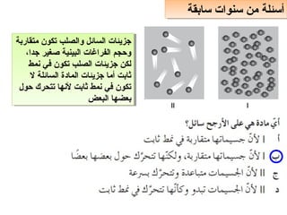 ‫سابقة‬ ‫سنوات‬ ‫من‬ ‫أسئلة‬
‫سابقة‬ ‫سنوات‬ ‫من‬ ‫أسئلة‬
‫متقاضربة‬ ‫يتكون‬ ‫والصلب‬ ‫السائل‬ ‫جزيئات‬
،‫جدا‬ ‫صغير‬ ‫البينية‬ ‫الفراغات‬ ‫وحجم‬
‫نمط‬ ‫في‬ ‫يتكون‬ ‫الصلب‬ ‫جزيئات‬ ‫لكن‬
‫ل‬ ‫السائلة‬ ‫المادة‬ ‫جزيئات‬ ‫أما‬ ‫ثابت‬
‫حول‬ ‫يتتحرك‬ ‫لنها‬ ‫ثابت‬ ‫نمط‬ ‫في‬ ‫يتكون‬
‫البعض‬ ‫بعضها‬
‫متقاضربة‬ ‫يتكون‬ ‫والصلب‬ ‫السائل‬ ‫جزيئات‬
،‫جدا‬ ‫صغير‬ ‫البينية‬ ‫الفراغات‬ ‫وحجم‬
‫نمط‬ ‫في‬ ‫يتكون‬ ‫الصلب‬ ‫جزيئات‬ ‫لكن‬
‫ل‬ ‫السائلة‬ ‫المادة‬ ‫جزيئات‬ ‫أما‬ ‫ثابت‬
‫حول‬ ‫يتتحرك‬ ‫لنها‬ ‫ثابت‬ ‫نمط‬ ‫في‬ ‫يتكون‬
‫البعض‬ ‫بعضها‬
 
