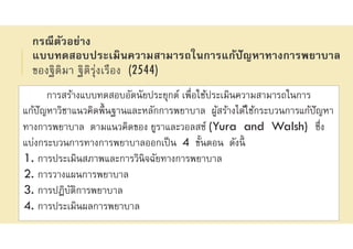 กรณีตัวอย่าง
แบบทดสอบประเมินความสามารถในการแก้ปัญหาทางการพยาบาล
ของฐิติมา ฐิติรุ่งเรือง (2544)
การสร้างแบบทดสอบอัตนัยประยุกต์ เพือใช้ประเมินความสามารถในการ
แก้ปัญหาวิชาแนวคิดพืนฐานและหลักการพยาบาล ผู้สร้างได้ใช้กระบวนการแก้ปัญหา
ทางการพยาบาล ตามแนวคิดของ ยูราและวอลสซ์ (Yura and Walsh) ซึง
แบ่งกระบวนการทางการพยาบาลออกเป็น 4 ขันตอน ดังนี
1. การประเมินสภาพและการวินิจฉัยทางการพยาบาล
2. การวางแผนการพยาบาล
3. การปฏิบัติการพยาบาล
4. การประเมินผลการพยาบาล
 