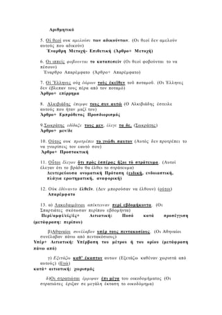 Αριθμητικό
5. Οἱ θεοί ουκ αμελούσι των αδικούντων. (Οι θεοί δεν αμελούν
αυτούς που αδικούν)
Έναρθρη Μετοχή- Επιθετική (Άρθρο+ Μετοχή)
6. Οι ιππείς φοβουνται το καταπεσείν (Οι θεοί φοβούνται το να
πέσουν)
Έναρθρο Απαρέμφατο (Άρθρο+ Απαρέμφατο)
7. Οἱ Ἕλληνες οὐχ ἐώρων τοὺς ἐκεῖθεν τοῦ ποταμοῦ. (Οι Έλληνες
δεν έβλεπαν τους πέρα από τον ποταμό)
Άρθρο+ επίρρημα
8. Αλκιβιάδης έπεμψε τους συν αυτώ (Ο Αλκιβιάδης έστειλε
αυτούς που ήταν μαζί του)
Άρθρο+ Εμπρόθετος Προσδιορισμός
9.Σωκράτης εδίδαξε τους μεν, έλεγε τα δε. (Σωκράτης)
Άρθρο+ μεν/δε
10. Ούτος ουκ προτρέπει το γνώθι σαυτον (Αυτός δεν προτρέπει το
να γνωρίσεις τον εαυτό σου)
Άρθρο+ Προστακτική
11. Οὗτοι ἔλεγον ὅτι πρὸς ἐσπέρας ἥξοι τὸ στράτευμα. (Αυτοί
έλεγαν ότι το βράδυ θα έλθει το στράτευμα)
Δευτερεύουσα ονοματική Πρόταση (ειδική, ενδοιαστική,
πλάγια ερωτηματική, αναφορική)
12. Οὐκ ἐδύναντο ἐλθεῖν. (Δεν μπορούσαν να έλθουν) (ούτοι)
Απαρέμφατο
13. α) Λακεδαιμόνιοι απέκτειναν περί εβδομήκοντα. (Οι
Σπαρτιάτες σκότωσαν περίπου εβδομήντα)
Περί/αμφί/είς/ές+ Αιτιατική: Ποσό κατά προσέγγιση
(μετάφραση: περίπου)
β)Αθηναίοι συνέλαβον υπέρ τους πεντακοσίους. (Οι Αθηναίοι
συνέλαβαν πάνω από πεντακόσιους)
Υπέρ+ Αιτιατική: Υπέρβαση του μέτρου ή του ορίου (μετάφραση
πάνω από)
γ) Εξετάζω καθ’ έκαστον αυτων (Εξετάζω καθέναν χωριστά από
αυτούς) (Εγώ)
κατά+ αιτιατική: χωρισμός
δ)Οι στρατιώται έρριψαν έπι μέγα του οικοδομήματος (Οι
στρατιώτες έριξαν σε μεγάλη έκταση το οικοδόμημα)
 