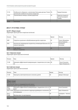 16
ПРОГРАММА ОБРАЗОВАТЕЛЬНОЙ КОНФЕРЕНЦИИ
17:10 Особенности общения с неизлечимо больными детьми. Психо-
логические особенности разных возрастов
45 Тамара Кликовач
17:55 Паллиативная помощь глазами родителей 45 Родители пациента
дет­ской выездной
службы
18:40 окончание    
День 4. 23 октября, четверг
Зал №1. Общая секция
(Аудитория: врачи детских и взрослых хосписов)
Начало Тема Время Лектор
9:00 Сходства и различия в обезболивании детей и взрослых 45 Гузель Абузарова
Антон Борисов
9:45 Безопасное перемещение пациентов, активизация больных. Ос-
новные принципы
45 Екатерина
Клочкова
10:30 кофе-брейк 1
Фильм о пациентах
60  
Зал 1. Взрослая секция
(Аудитория: врачи взрослых хосписов)
Начало Тема Время Лектор
11:30 Принципы эффективной коммуникации с пациентом и его семь-
ей
60 Анна Сонькина
Брюс Клеминсон
Зал 2. Детская секция
(Аудитория: врачи детских хосписов)
Начало Тема Время Лектор
11:30 Принципы симптоматического лечения у детей 60 Дэвид Стейнхорн
Общая секция
Мастер-классы
в нескольких залах по предварительной записи
(Аудитория: врачи детских и взрослых хосписов)
Зал 1
12:40
Принципы эффективной коммуникации с пациентом и его се-
мьей
50 Анна Сонькина
Зал2 12:40 Принципы использования сиррендж-драйверов в паллиатив-
ной медицине
50 Брюс Клеминсон
Зал 3
12:40 Мастер-класс по эрготерапии
50 Екатерина Клочко-
ва
13:30 обед 50  
 