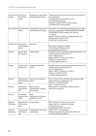 96
СПИСОК УЧАСТНИКОВ КОНФЕРЕНЦИИ
Крым (Бахчи-
сарай)
Желтухина
Нелли Ива-
новна
заведующая отделением
паллиативной помощи
Куйбышевская участковая больница (терапевтичес-
кое отделение)
п. Куйбышево, Больничная ул., дом 1,
Бахчисарайский район.
Телефон: +38 06554 63232 главный врач,
+38 06554 63231 регистратура
Крым (Керчь) Таран Василий
Ильич
заведующий отделением
паллиативной помощи
Обособленное подразделение Крымского республи-
канского учреждения «ОНКОЛОГИЧЕСКИЙ КЛИНИ-
ЧЕСКИЙ ДИСПАНСЕР» имени В.М. Ефетова
в г. Керчь.
Адрес: АР Крым, г. Керчь, ул. Орджоникидзе, 66.
Телефон/факс: (06561) 34116.
Е-mail: kerch-onko1@mail.ru
Латвия (Рига) Колина Лю-
бовь Владими-
ровна
директор
Фонд «Вера, Надежда, Любовь».
Е-mail: tarpan1961@gmail.com.
Рига, http://deti-help.com/
Липецк Жилин Олег
Викторович
главный врач Государственное учреждение здравоохранения «Ли-
пецкая городская больница № 6
им. В. В. Макущенко».
Адрес: 398017, г. Липецк, ул. 9 мая, 4.
Телефон: 8 (4742) 43-29-07.
Е-mail: gu-lgb6@yandex.ru
Липецк Исаева Елена
Евгеньевна
координатор Фонда
«Вера»
Государственное учреждение здравоохранения «Ли-
пецкая городская больница № 6
им. В. В. Макущенко».
Адрес: 398017, г. Липецк, ул. 9 мая, 4.
Телефон: 8 (4742) 43-29-07.
Е-mail: gu-lgb6@yandex.ru
Москва Максимов Ки-
рилл Владими-
рович
заместитель главного
врача
ГКУЗ « Хоспис №1 им. В.В.Миллионщиковой» ДЗМ.
Адрес: Москва, ул. Доватора, д.10.
Телефон: +7 (499) 245-59-69,
факс: +7 (499) 245-43-22,
info@hospice.ru (секретарь главного врача),
http://www.hospice.ru
Москва Ибрагимов
Ариф Ниязо-
вич
врач-онколог,
заведующий стациона-
ром хосписа
Москва Салманова
Карина Осма-
новна
Врач,
заведующая выездной
службой хосписа
Нижний
Новгород
Бухвалов Сер-
гей Анатоль-
евич
главный врач МЛПУ «ГБ № 47» (отделение «Хоспис»)
Адрес: 603135, г. Нижний Новгород,
ул. Кировская, д.12 а.
Телефон/факс 8 (831) 252-75-72,
8 (831) 244-15-25 (секретарь).
Телефон выездной службы: 8 (831) 244-14-93.
Е-mail: bolnica47@rambler.ru
Нижний
Новгород
Заречнов Вик-
тор Николае-
вич
заведующий хосписным
отделением
 