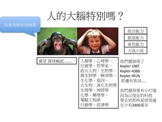 人的大腦特別嗎？
統合能力
人類學、心理學、	
  
社會學、哲學家、
政治人物、生物學、
微生物學、解剖學、
生化學、基因、	
  
古生物、演化生物學
生理學、神經學
化學、藥理學、	
  
電腦工程師
行銷學、經濟學
我會拿樹枝挖蜂蜜
創造能力
省思能力
大我小我
我們還發現了	
  
Kepler-­‐186f	
  
Kepler-­‐438b	
  
Kepler-­‐452b	
  
	
  那邊有黑洞…..	
  
	
  
我們還得要有小叮噹	
  
因為以現在的科技	
  
要去到那些星球很遠	
  
至少有2400萬年	
  
	
  
冀望 猩球崛起……..
 