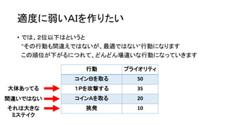 適度に弱いＡＩを作りたい
• では、２位以下はというと
"その行動も間違えではないが、最適ではない"行動になります
この順位が下がるにつれて、どんどん場違いな行動になっていきます
行動 プライオリティ
コインＢを取る 50
１Ｐを攻撃する 35
コインＡを取る 20
挑発 10
大体あってる
間違いではない
それは大きな
ミステイク
 