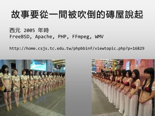 Ԫ 2005 r
FreeBSD, Apache, PHP, FFmpeg, WMV
http://home.csjs.tc.edu.tw/phpbbinf/viewtopic.php?p=16829
ҪһgĴuf
 