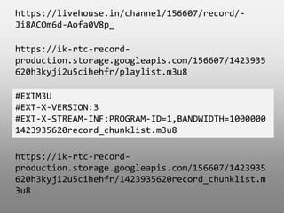 https://livehouse.in/channel/156607/record/-
Ji8ACOm6d-Aofa0V8p_
#EXTM3U
#EXT-X-VERSION:3
#EXT-X-STREAM-INF:PROGRAM-ID=1,BANDWIDTH=1000000
1423935620record_chunklist.m3u8
https://ik-rtc-record-
production.storage.googleapis.com/156607/1423935
620h3kyji2u5cihehfr/1423935620record_chunklist.m
3u8
https://ik-rtc-record-
production.storage.googleapis.com/156607/1423935
620h3kyji2u5cihehfr/playlist.m3u8
 