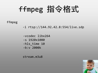 ffmpeg
-i rtsp://144.92.42.8:554/live.sdp
stream.m3u8
ffmpeg ָʽ
-vcodec libx264
-s 1920x1080
-hls_time 10
-b:v 2000k
 
