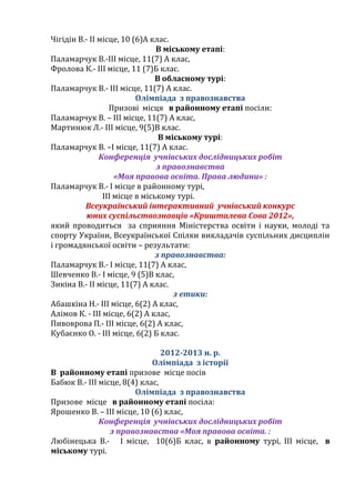 Чігідін В.- ІІ місце, 10 (6)А клас.
В міському етапі:
Паламарчук В.-ІІІ місце, 11(7) А клас,
Фролова К.- ІІІ місце, 11 (7)Б клас.
В обласному турі:
Паламарчук В.- ІІІ місце, 11(7) А клас.
Олімпіада з правознавства
Призові місця в районному етапі посіли:
Паламарчук В. – ІІІ місце, 11(7) А клас,
Мартинюк Л.- ІІІ місце, 9(5)В клас.
В міському турі:
Паламарчук В. –І місце, 11(7) А клас.
Конференція учнівських дослідницьких робіт
з правознавства
«Моя правова освіта. Права людини» :
Паламарчук В.- І місце в районному турі,
ІІІ місце в міському турі.
Всеукраїнський інтерактивний учнівський конкурс
юних суспільствознавців «Кришталева Сова 2012»,
який проводиться за сприяння Міністерства освіти і науки, молоді та
спорту України, Всеукраїнської Спілки викладачів суспільних дисциплін
і громадянської освіти – результати:
з правознавства:
Паламарчук В.- І місце, 11(7) А клас,
Шевченко В.- І місце, 9 (5)В клас,
Зикіна В.- ІІ місце, 11(7) А клас.
з етики:
Абашкіна Н.- ІІІ місце, 6(2) А клас,
Алімов К. - ІІІ місце, 6(2) А клас,
Пивоврова П.- ІІІ місце, 6(2) А клас,
Кубаєнко О. - ІІІ місце, 6(2) Б клас.
2012-2013 н. р.
Олімпіада з історії
В районному етапі призове місце посів
Бабюк В.- ІІІ місце, 8(4) клас,
Олімпіада з правознавства
Призове місце в районному етапі посіла:
Ярошенко В. – ІІІ місце, 10 (6) клас,
Конференція учнівських дослідницьких робіт
з правознавства «Моя правова освіта. :
Любінецька В.- І місце, 10(6)Б клас, в районному турі, ІІІ місце, в
міському турі.
 