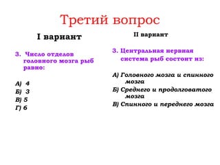 I вариант
3. Число отделов
головного мозга рыб
равно:
А) 4
Б) 3
В) 5
Г) 6
II вариант
3. Центральная нервная
система рыб состоит из:
А) Головного мозга и спинного
мозга
Б) Среднего и продолговатого
мозга
В) Спинного и переднего мозга
Третий вопрос
 