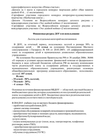 Финансовыересурсы ДОУ и ихиспользование
Льготы для отдельныхкатегорий воспитанников
В ДОУ, за отчетный период, пользовались льготой в размере 50% за
содержание детей - 24 семьи на основании Постановления Местного
самоуправления г.Таганрога № 836 от 20.03.2007г. «О дифференцированной
плате за содержание детей в муниципальных дошкольных образовательных
учреждениях»
На основании Постановления Правительства РФ от 30 декабря 2006г. №846
«О порядке и условиях предоставления финансовой помощи из федерального
бюджета в виде субсидий бюджетам субъектов РФ на выплату компенсации
части родительской платы за содержание ребенка в государственных и
муниципальных образовательных учреждениях, реализующих основную
общеобразовательную программу дошкольного образования», пользовались
льготой: 107 семей.
Из них:
- 35 семей – 50% льготой;
- 70 семей - 20%;
- 4 семьи – 70%.
Основныеисточникифинансирования МБДОУ — областной, местныйбюджет и
внебюджетные средства, которыескладывались из поступлений родительской
платы за содержаниедетей в ДОУ. Бюджетные средстваи родительская плата
расходовались в соответствиисо сметойрасходов.
В 2014-2015 учебном году из местного бюджета финансировались:
- заработнаяплатаработников ДОУ;
- ремонт системы отопления;
- ежемесячноеобслуживаниепожарнойсигнализацииитревожнойкнопки;
- приобретениечистящих и моющих средств, канцтоваров, медикаментов;
-приобретениебутилированнойводы;
-услуги связи;
- оплата коммунальных услуг (тепло, вода, электроэнергия, телефонные
разговоры, вывозТБО);
- приобретениепродуктов питания;
-медосмотры сотрудников;
-обучение сотрудников (ГО ЧС)
хореографического искусства «Птица счастья»;
-Диплом за 1 место в городском конкурсе творческих работ «Нам памятен
далёктй 45-й… (1 воспитанник);
-Сертификат участника городского конкурса литературно-художественного
творчества «Необычная книга» ;
-Диплом 11степени во Всероссийском конкурсе детского рисунка с
международным участием «Эхо далёкой войны» (1 воспитанник);
-Сертификат участника во Всероссийском конкурсе детского рисунка с
международным участием «Эхо далёкой войны» (2 воспитанника)
 