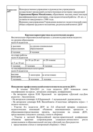 Управление
ДОУ
Непосредственноеуправление и руководство учреждением
осуществляет прошедший соответствующуюаттестацию заведующий
ТаракановаИрина Михайловна, образование высшее, имеет высшую
квалификационную категорию, стаж педагогическойработы -26 лет, в
должностизаведующего с 1988 года.
Формами самоуправления Учреждения являются:педагогическийсовет,
общее собраниетрудового коллектива, родительскийкомитет ДОУ
Краткаяхарактеристика педагогическихкадров
Воспитательно-образовательныйпроцесс с детьмиосуществляли педагоги:
по уровнюобразования
всего 8 педагогов
с высшим
образованием
со средне-специальным
образованием
4 человек 4 человек
по стажу работы
всего 8 педагогов
от 5 до 10 лет
от 10 до 20 лет от 20 и выше
1 человек 1 человек 6 человек
по квалификационным категориям
всего 8 педагогов
высшая
категория
1 категория не аттестовано
3 человека 4 человека 1 человек
Повышение профессиональной компетентности педагоговДОУ:
В течение 2014-2015 уч. года педагоги ДОУ повышали свою
квалификацию на курсах , авторских семинарах, конференциях:
- На авторских курсах Н.М. Крыловой по программе «Детский сад-Дом
радости» - 3воспитателя;
- На авторском семинаре А.И.Бурениной - 1 музыкальный руководитель;
- На авторском семинаре В.В. Воскобовича «Сказочные лабиринты игры»- 1
педагог-психолог;
- Участие 4-х педагогов ДОУ во 2-й областной ярмарке социально-
педагогических инноваций «Развитие инновационных процессов в
образовании»(представление проекта, выступление на секции ДОУ,
представление стендового доклада, статья в сборник)
- Участие в заочной Всероссийской научно-практической конференции
«Развитие практики сопровождения социально-личностного роста
дошкольников в образовательной системе «Детский сад-Дом радости»
( представление статьи в электронный сборник) г. Омск
 