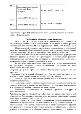 2014г.
2014г.
Благодарственноеписьмо
Городской Думы г.
Таганрога
Грамота УО г. Таганрога
Воспитатель Худикова Н.А.
2014г. Грамота УО г. Таганрога
Воспитатель Шестопёрова
Т.А.
Воспитатель Батрак Л.П. и музыкальный руководитель Клыкова Л.М. имеют
звание «Ветеран труда».
Особенности образовательного процесса
МБДОУ д/с №12 осуществляет свою образовательную, правовую и
хозяйственную деятельность в соответствии с Конвенцией о правах ребёнка,
Конституцией РФ, законом РФ «Об образовании», ФГОС ДО, Уставом ДОУ.
Образовательный процесс в детском саду регламентируется программой
развития, основной образовательной программой дошкольного образования,
годовым планом работы, расписанием образовательной деятельности.
Цель образовательной деятельности состоит во всестороннем формировании
личности ребёнка с учётом его физического и психического развития,
индивидуальных возможностей, интересов и способностей, полноценное
проживании детьми периода дошкольного детства.
Воспитательно-образовательная деятельность в группах осуществляется
по программе, имеющей полное методическое обеспечение по всем
направлениям развития детей:
авторская программа Крыловой Натальи Михайловны «Детский сад-Дом
радости».
Программа Н.М. Крыловой «Детский сад - Дом радости» выстроена в трех
взаимосвязанных направлениях педагогической деятельности:
• забота о здоровье и обогащении физического и психического развития
каждого воспитанника;
• содействие овладению ребенком разными видами деятельности на уровне
самостоятельности и творчества как формами и средствами амплификации
всестороннего развития и саморазвития дошкольника;
• приобщение дошкольника к основам духовной культуры и
интеллигентности.
Авторская программа «Детский сад - Дом радости» реализуется Технологией
«Детский сад-Дом радости», которая представлена как ежедневные сценарии
целостного педагогического процесса.
Программа строится в соответствии с принципами социоприродообразности
подчинённых ему принципов классической педагогики ( гуманистическая
направленность, взаимосвязь национального и общечеловеческого, принцип
интегративного подхода к построению содержания образования , развитие
психики в деятельности и общении, гармония физического , духовного и
 