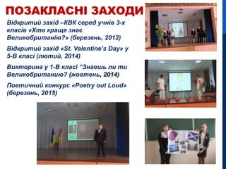 ПОЗАКЛАСНІ ЗАХОДИ
Відкритий захід –КВК серед учнів 3-х
класів «Хто краще знає
Великобританію?» (березень, 2012)
Відкритий захід «St. Valentine’s Day» у
5-В класі (лютий, 2014)
Викторина у 1-В класі “Знаешь ли ти
Великобританию? (жовтень, 2014)
Поетичний конкурс «Poetry out Loud»
(березень, 2015)
 