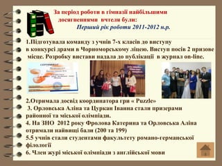 За період роботи в гімназії найбільшими
досягненнями вчтеля були:
Перший рік роботи 2011-2012 н.р.
1.Підготувала команду з учнів 7-х класів до виступу
в конкурсі драми в Чорноморському ліцею. Виступ посів 2 призове
місце. Розробку вистави надала до публікації в журнал on-line.
2.Отримала досвід координатора гри « Puzzle»
3. Орловська Аліна та Цуркан Іванна стали призерами
районної та міської олімпіади.
4. На ЗНО 2012 року Фролова Катерина та Орловська Аліна
отримали найвищі бали (200 та 199)
5.5 учнів стали студентами факультету романо-германської
філології
6. Член журі міської олімпіади з англійської мови
 