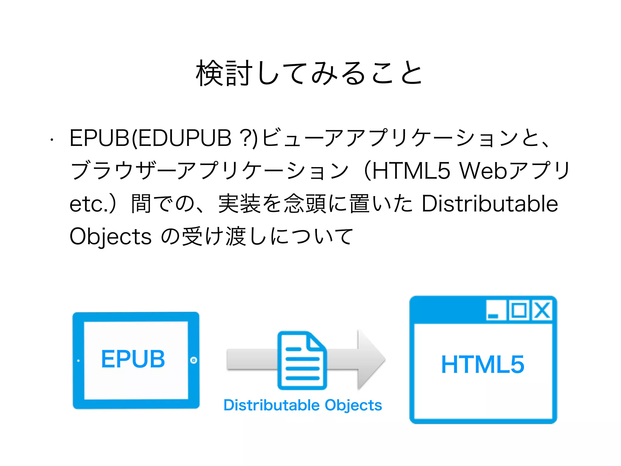 検討してみること
• EPUB(EDUPUB ?)ビューアアプリケーションと、
ブラウザーアプリケーション（HTML5 Webアプリ
etc.）間での、実装を念頭に置いた Distributable
Objects の受け渡しについて
EPUB HTML5
Distributable Objects
 