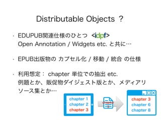 ? EDUPUBvB˘ΤҤȤ?
Open Annotation / Widgets etc. ȹˡ
? EPUB ץ뻯 / Ƅ / y ˘
? 붨 chapter gλǤγ etc.?
}Ȥ؜ȰȤǥ
`Ȥ
Distributable Objects 
chapter 1?
chapter 2?
chapter 3
chapter?
3
chapter 3
chapter 6?
chapter 8
 