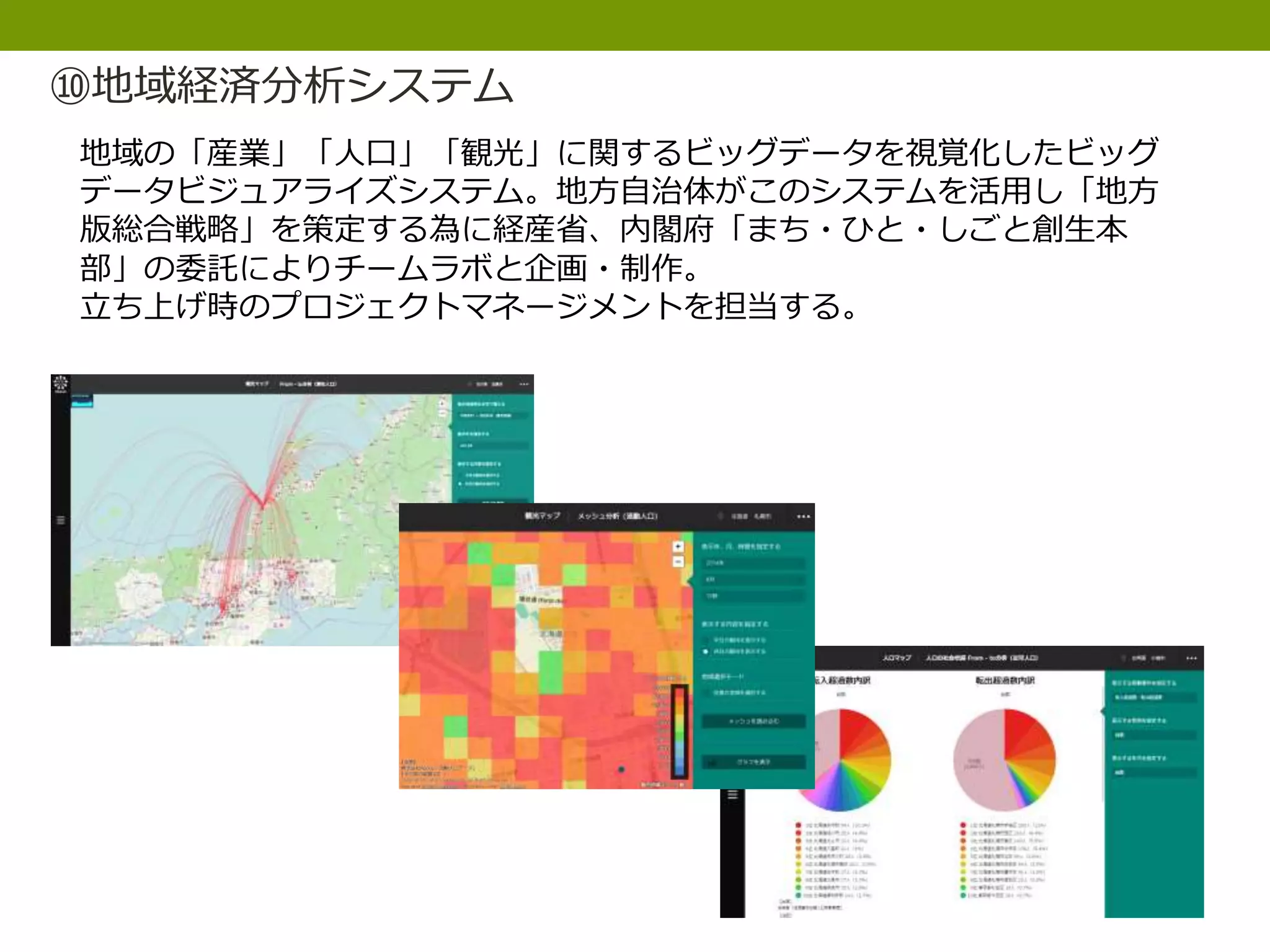⑩地域経済分析システム
地域の「産業」「人口」「観光」に関するビッグデータを視覚化したビッグ
データビジュアライズシステム。地方自治体がこのシステムを活用し「地方
版総合戦略」を策定する為に経産省、内閣府「まち・ひと・しごと創生本
部」の委託によりチームラボと企画・制作。
立ち上げ時のプロジェクトマネージメントを担当する。
 