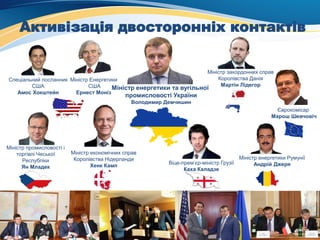Міністр енергетики та вугільної
промисловості України
Володимир Демчишин
Спеціальний посланник
США
Амос Хокштейн
Міністр Енергетики
США
Ернест Моніз
Міністр промисловості і
торгівлі Чеської
Республіки
Ян Младек
Міністр економічних справ
Королівства Нідерланди
Хенк Камп
Міністр закордонних справ
Королівства Данія
Мартін Лідегор
Віце-прем’єр-міністр Грузії
Каха Каладзе
Єврокомісар
Марош Шевчовіч
Активізація двосторонніх контактів
Міністр енергетики Румунії
Андрій Джеря
 