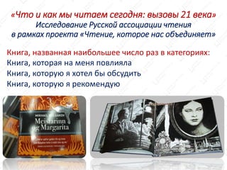 Книга, которая на меня повлияла
Книга, которую я хотел бы обсудить
Книга, которую я рекомендую
Книга, названная наибольшее число раз в категориях:
«Что и как мы читаем сегодня: вызовы 21 века»
Исследование Русской ассоциации чтения
в рамках проекта «Чтение, которое нас объединяет»
 