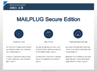 MAILPLUG Secure Edition
서비스 소개
ⓒ LINUXWARES Inc. ALL RIGHTS RESERVED
지능형 보안 시스템
최고 수준의 보안 시스템을 도입하여, 잠재적인
보안 위험까지도 방어할 수 있는 지능형 메일
보안 시스템을 제공합니다.
시스템과 IP 주소를 분리하여 맞춤 보안 설정
이 가능하기 때문에 높은 수준의 보안성을 경
험할 수 있습니다.
무제한 용량 메일 & 업무 협업
높은 안정성 유지와 용량 확장이 용이한 전용
스토리지 시스템 구축으로 무제한 용량의 메일
서비스를 제공합니다.
웹메일 뿐만 아니라 아웃룩에서도 최대 2GB의
대용량 파일 첨부가 가능하여 업무상 필요한
파일을 제한 없이 주고 받을 수 있습니다.
메일 아카이빙
모든 메일 데이터를 메일 서버 이외의 시스템
에 안전하게 저장하기 때문에, 중요 메일 유실
로 인한 피해를 최소화할 수 있습니다.
사내 메일 관리자가 언제 어디서나 사용자들의
전체 송/수신 메일을 확인 및 모니터링 할 수
있습니다.
 