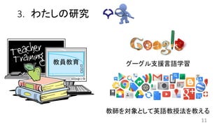 3. わたしの研究
教員教育
11
グーグル支援言語学習
教師を対象として英語教授法を教える
 
