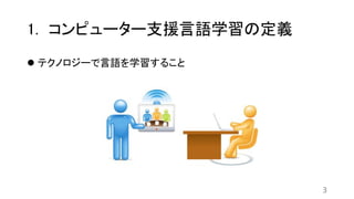 1. コンピューター支援言語学習の定義
 テクノロジーで言語を学習すること
3
 